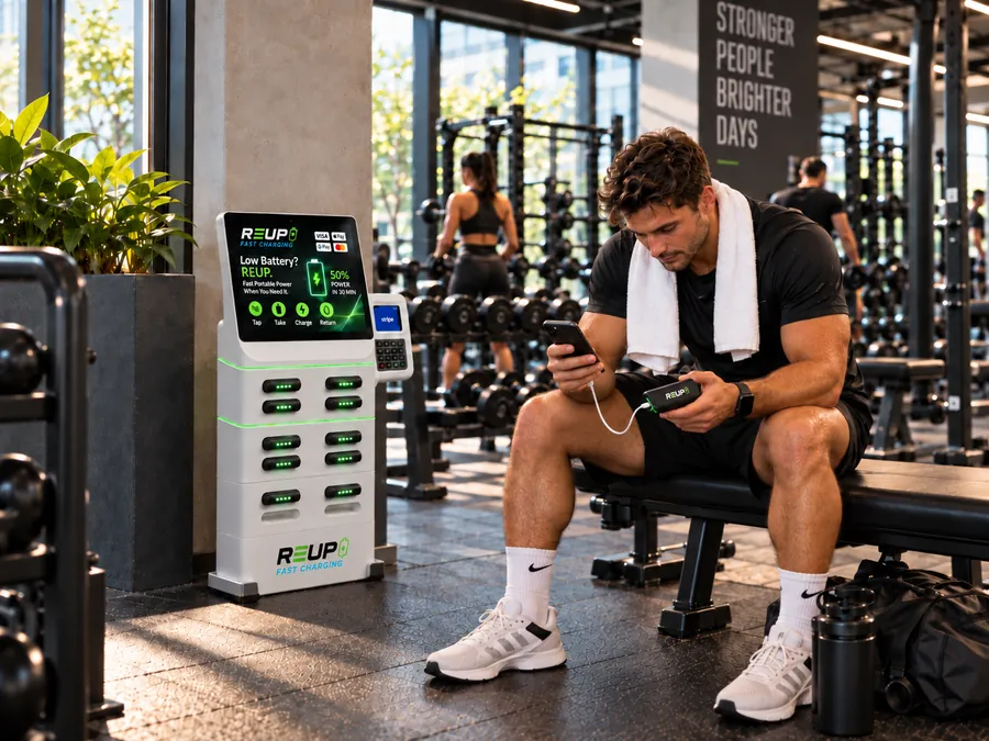 Gym member resting on a bench while his phone charges from a REUP power bank