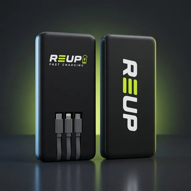 REUP power bank, front and back: matte black shell with white and neon lime REUP branding, FAST CHARGING text, and three built-in cables