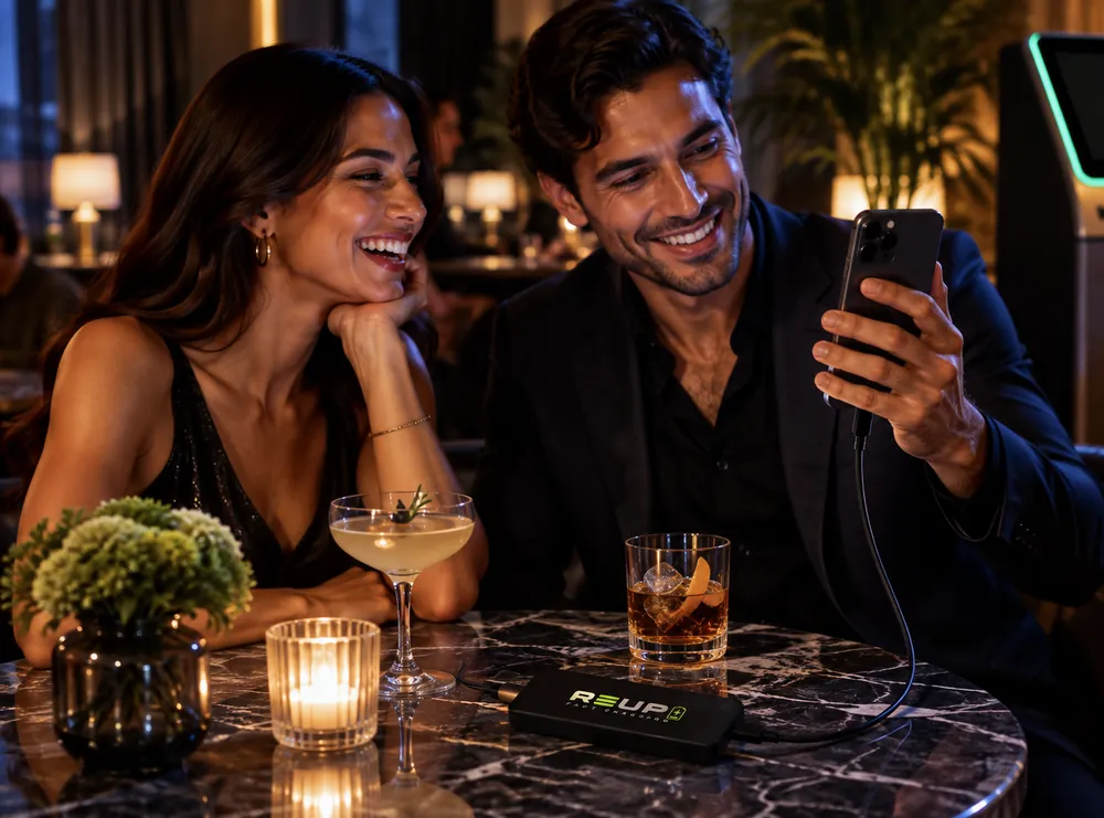 Guests charging a phone with a REUP power bank at a lounge