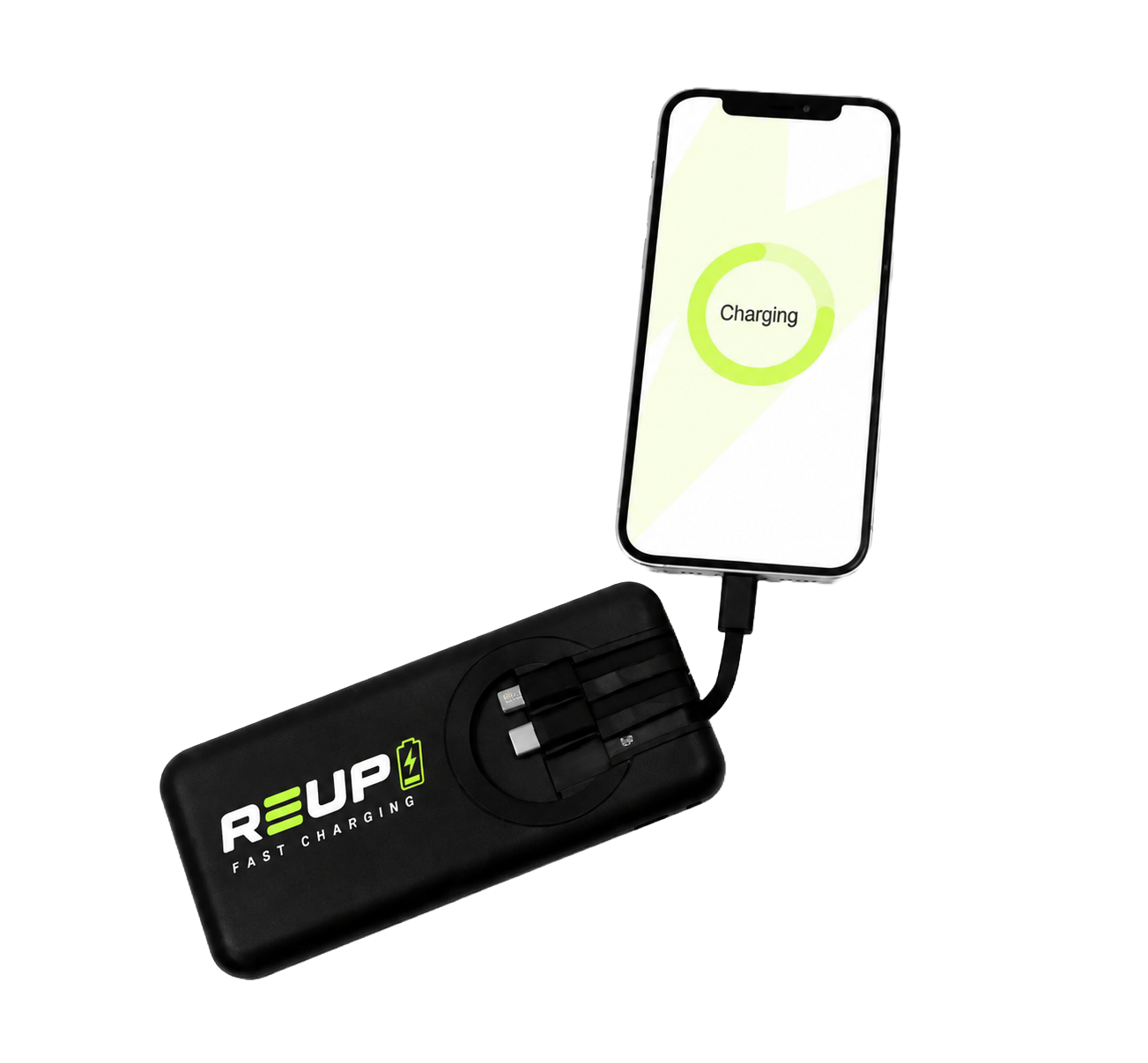 REUP power bank with built-in cables charging a smartphone