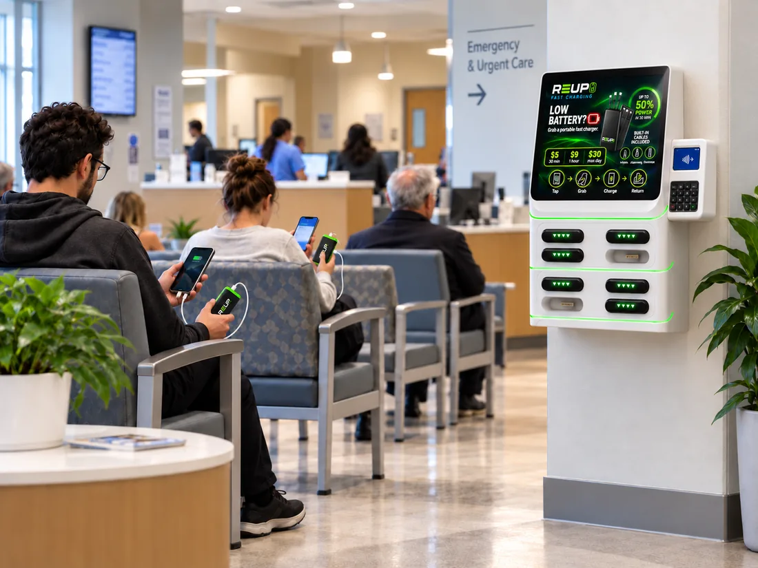 Visitors in a hospital waiting area charging a phone with a REUP power bank
