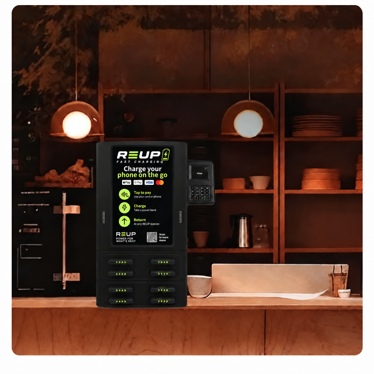REUP charging station on a bar counter