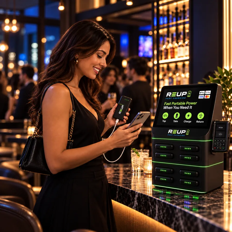 Guest charging her phone with a REUP power bank at a bar